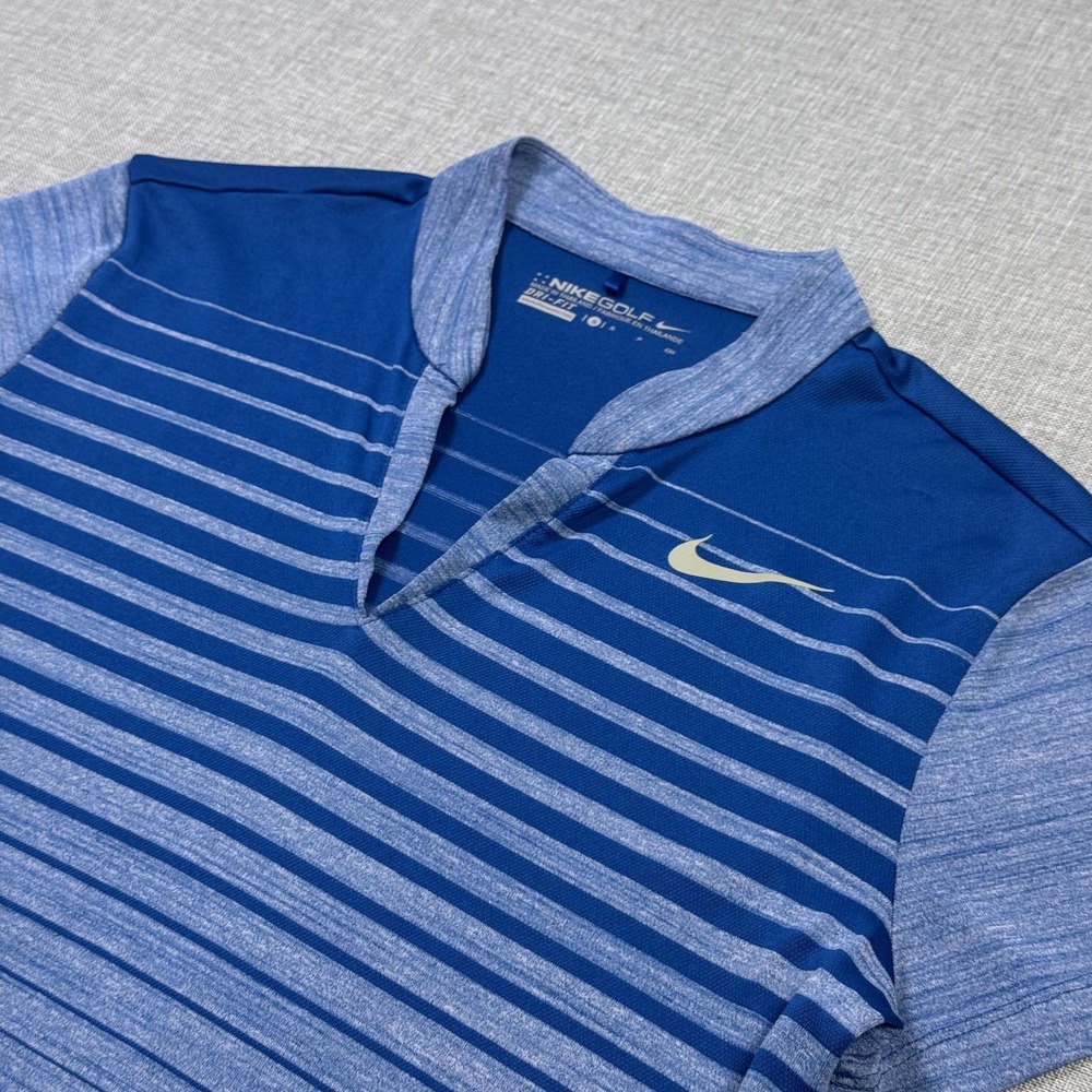 Nike Golf V-Neck Blade Collar Dri-FIT Polo Women Small Blue Striped Short Sleeve